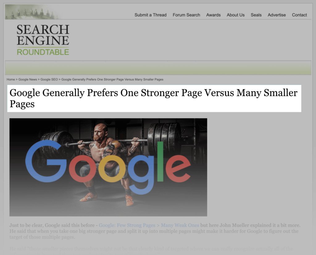 google prefers smaller sites with a few awesome pages