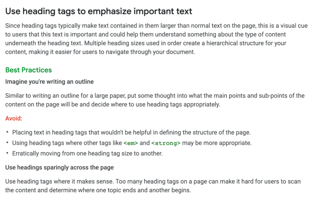 google recommends using heading tags to emphasize important text
